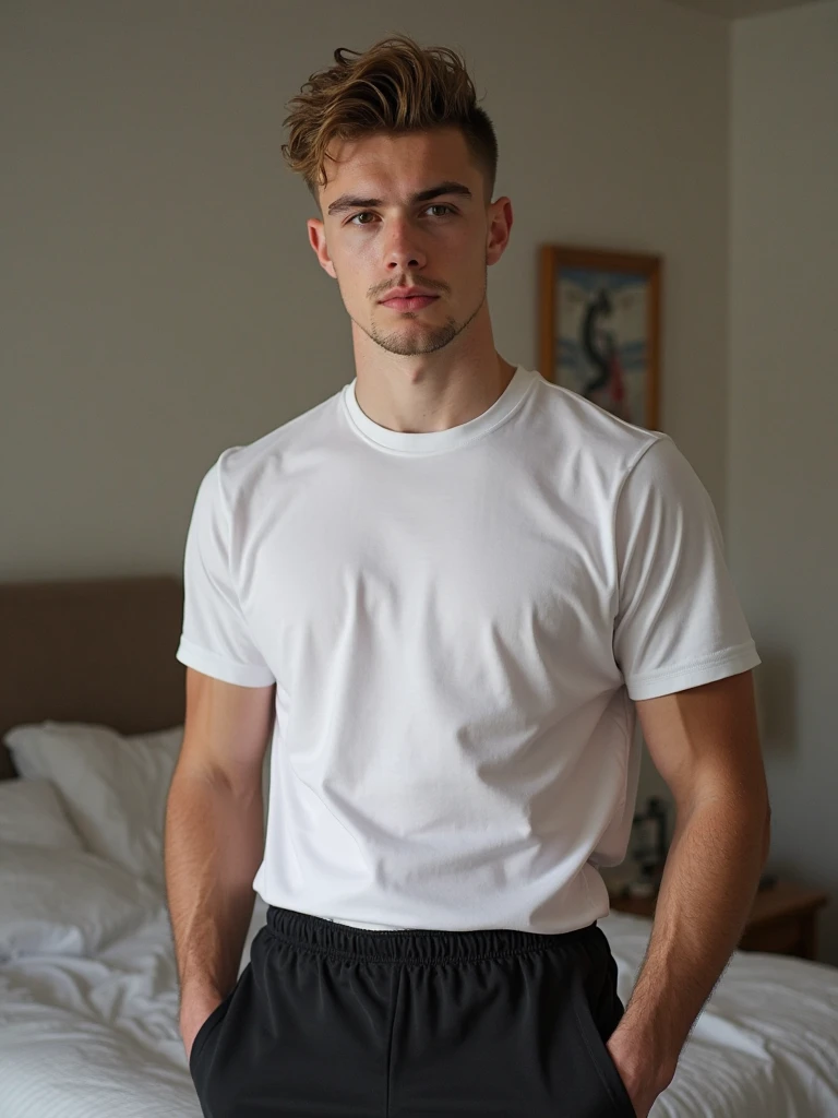 handsome ager wearing white jockstrap and gray t-shirt, very short hair with undercut, bedroom