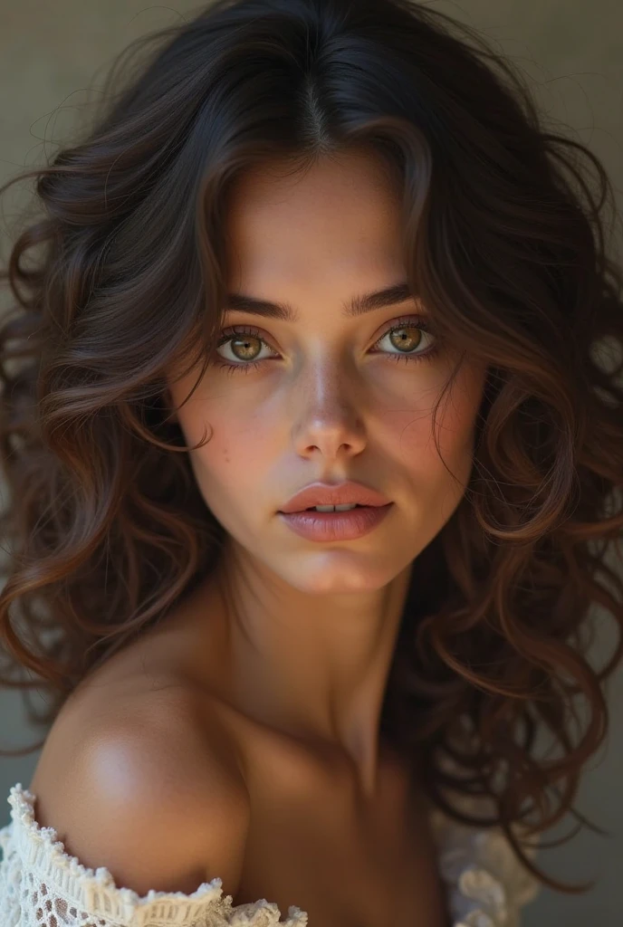 curly-haired girl, nude, topless, beautiful detailed eyes, beautiful detailed lips, extremely detailed face and skin, long eyelashes, sensual expression, soft lighting, warm color tones, cinematic composition, (best quality, 4k, 8k, highres, masterpiece:1.2), ultra-detailed, (realistic, photorealistic, photo-realistic:1.37), HDR, studio lighting, vivid colors, cinematic, natural lighting