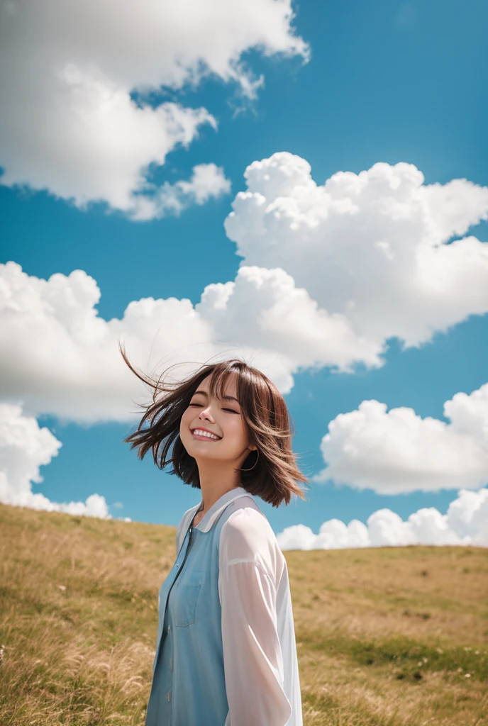 photography, realistic, 3d; a young Asian/Korean woman, with short black hair blowing in the wind, giving a dynamic and free impression, is driving a speedboat on the sea. He wore a white shirt tied at the front and blue denim shorts which gave off a denim and casual feel. The background shows a vast blue ocean with a clear sky and some white clouds. The woman looked very happy and smiled broadly, enjoying the moment. 124K, ultra hd, wide viewing angle, details: