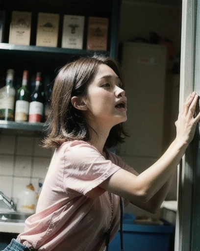 A half naked asian man with short hair, pushing a beautiful young Asian girl wearing a short lacy sundress, beautiful breasts, furrowed eyebrows, wavy black hairstyle, eyes closed, mouth open, teeth showing, c from home at night, both wet with sweat , realistic photo, UltraHD:16k.