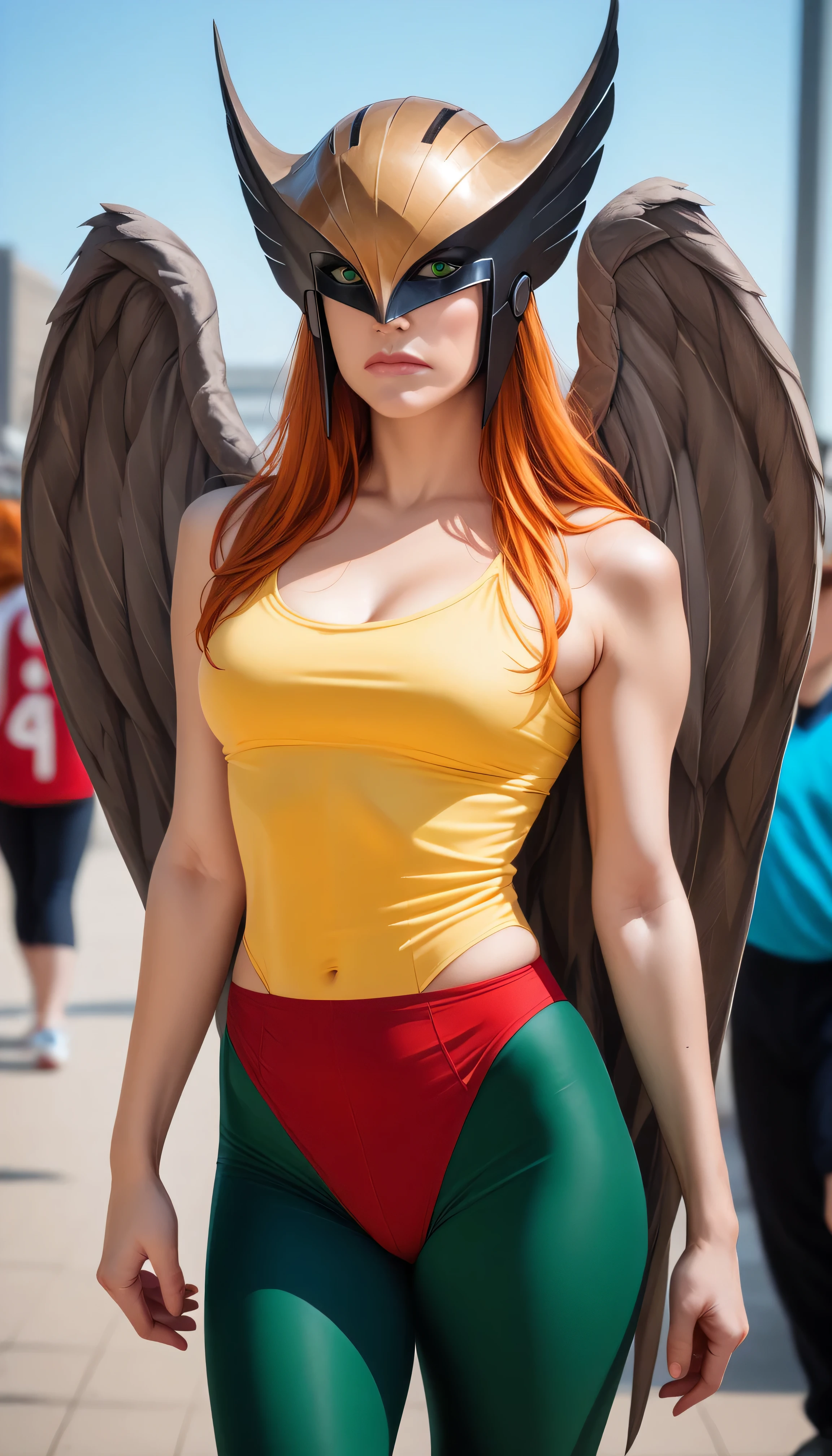 Hawkgirl with long ginger hair, looking at viewer, wearing yellow sleeveless leotards, wearing yellow and black hawk helmet, ((wearing red underwear on top of green leggings)), with white wings behind back, green eyes, half body portrait, serious expression, closed mouth, dynamic angle, (photo pose), photorealistic, crowded picture at comic con background, cosplayers