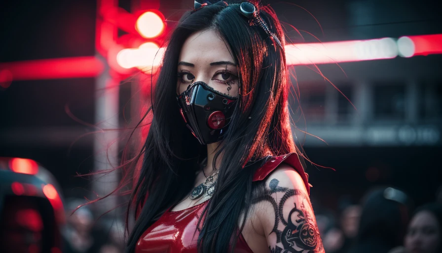 STYLE(A1111), <lora:Pony_DetailV2.0:1>, score_9, score_8_up, score_7_up, source_real, realistic, raw, photo, photorealism, & Short black hair black mechanical masked cyberpunk black mechanical ninja and black masked psychedelic ninja warrior grizzly bear using dark atmosphere mechanical detail cables and chain using katana black and red color palette gothic style