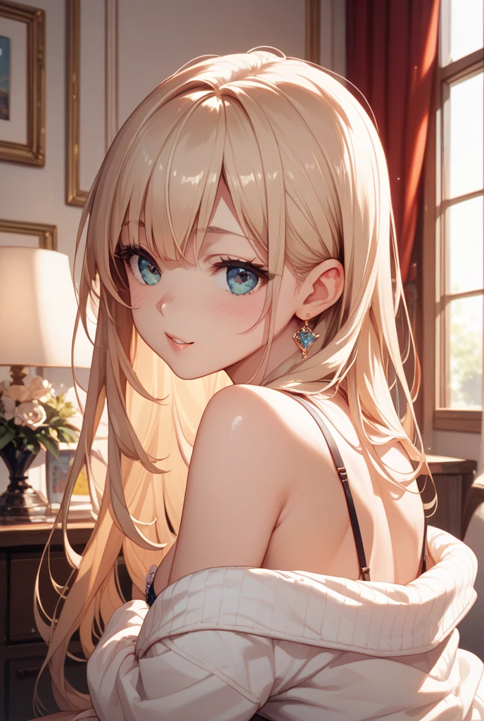 Beautifully detailed、High resolution portrait masterpiece of a girl with long hair。Shiny brown hair and captivating green eyes, Wearing a comfy, baggy sweater、Off the shoulder、She has a gorgeous smile that accentuates her small but perfectly shaped breasts..