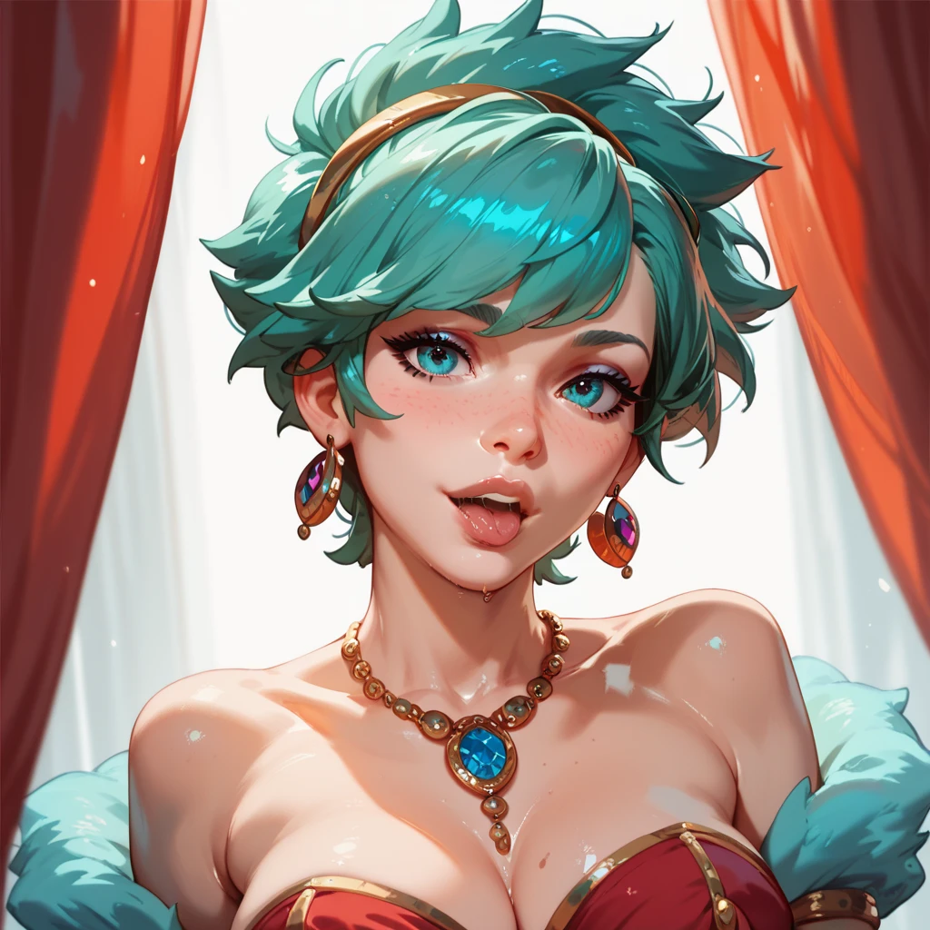 rating_explicit, beautyfull white woman, blue buns hair, black pants, black cleavage dress, sexy, slender body, red lipstick, a lot of golden necklaces, holding a lot of jewels,
