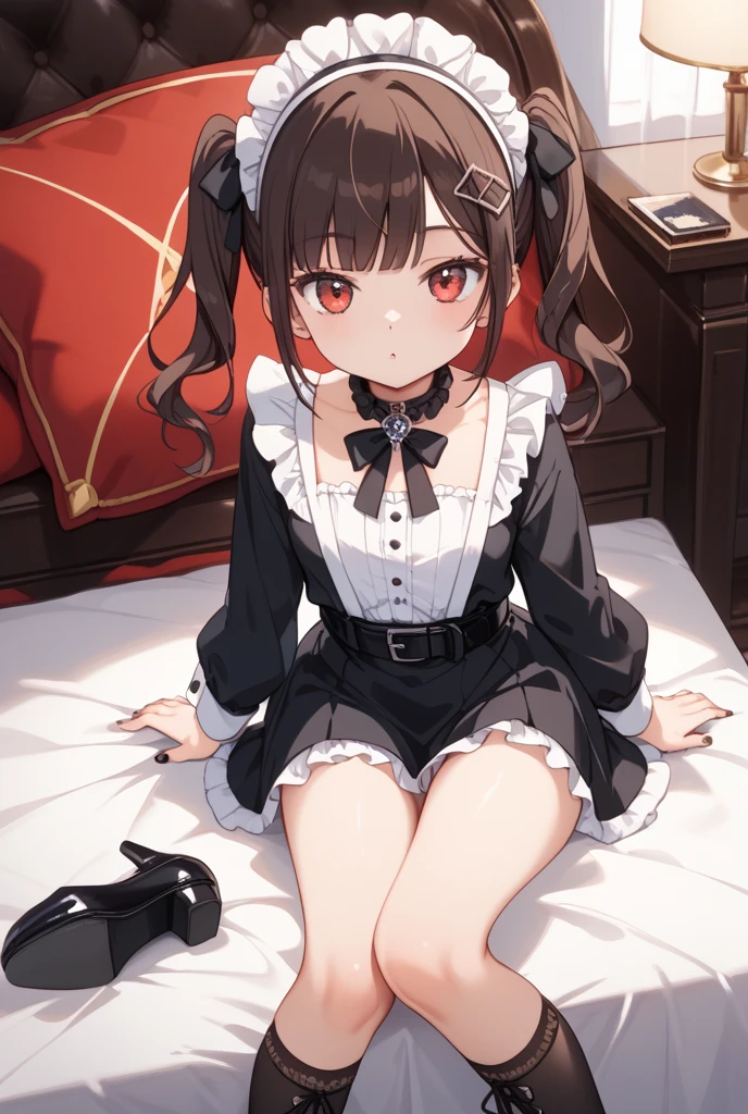 masterpiece、highest quality、High resolution、1 girl、Her Room、(alone)、Beautiful long black hair、Bright red eyes、blush、slender、Thin legs、Thin thighs、yor_briar_spyxfamily、(White hair band、Jet Black Hair、Black Dress)
