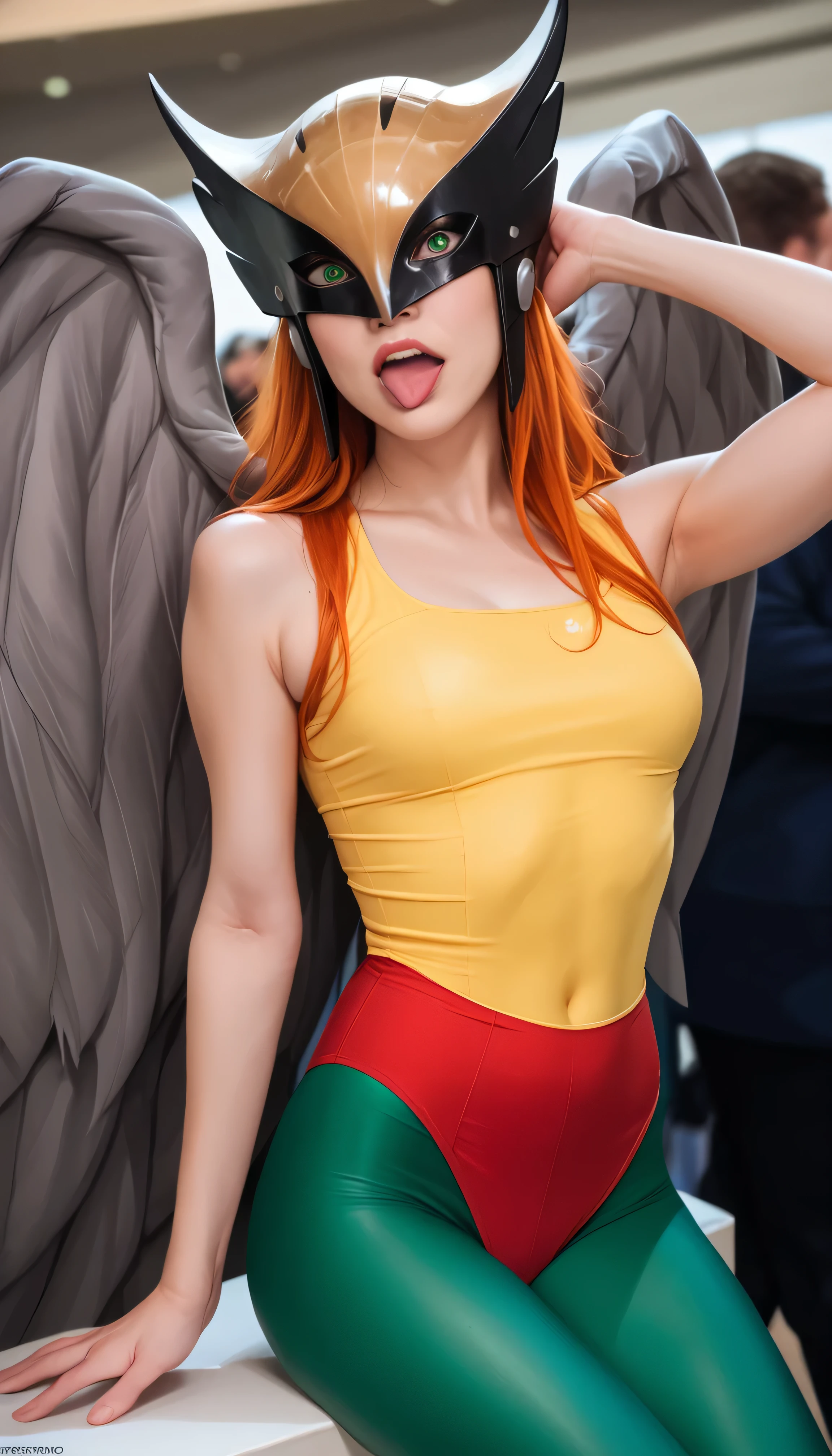 Hawkgirl with long ginger hair, looking at viewer, wearing yellow sleeveless leotards, wearing yellow and black hawk helmet, ((wearing red underwear on top of green leggings)), with white wings behind back, green eyes, half body portrait, wacky expression, closed mouth, dynamic angle, (photo pose), photorealistic, crowded picture at comic con background, cosplayers, open mouth, tongue out