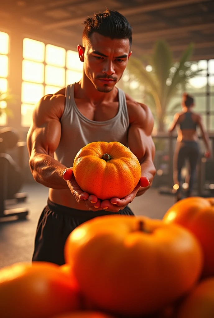 Mango fruit flesh with shades with abs weightlifting 