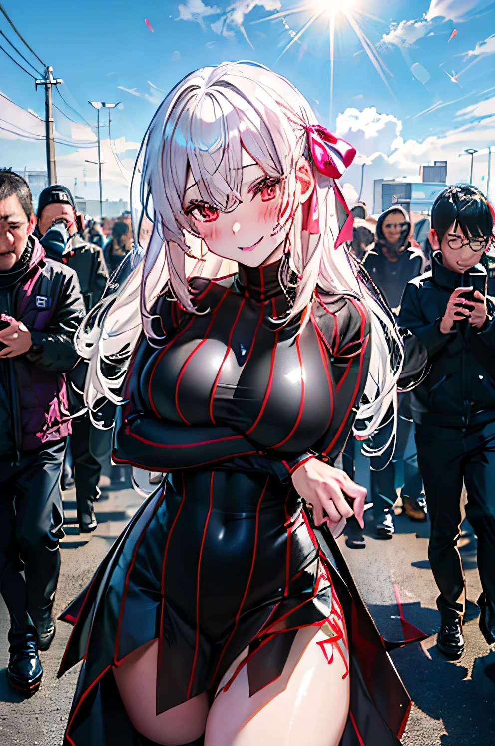  (cowboy shot), (head tilt),
 bewitching pose, heavy breathing, fog, (glistening skin:1.2), (蒸れた脇の下:1.2), 滴る汗, 
embarrassed, smile, (blush),   looking down, 

(最高品質)), ((傑作)),(詳細),高解像度,鋭い焦点,(非常に詳細 CG unity 8k wallpaper),(((鮮やかな色彩))),(complete anatomy),
(((very shiny skin,  plastic glitter skin, exaggerated shiny skin, illuminated skin))), betterhand, (5本の指), 
1girl, dark sakura, white hair, long hair, red eyes, facial mark, hair ribbon, pink ribbon,(巨大な胸), (巨大なヒップ),

corruption, striped dress, black dress, turtleneck,

(comiket_cosplay_Hiroba comiket_cosplay, N4), Cosplay Square, Summer Blue Sky, (crowd:1.5), Tokyo Big Sight, (many cosplayers show off their various cosplays),