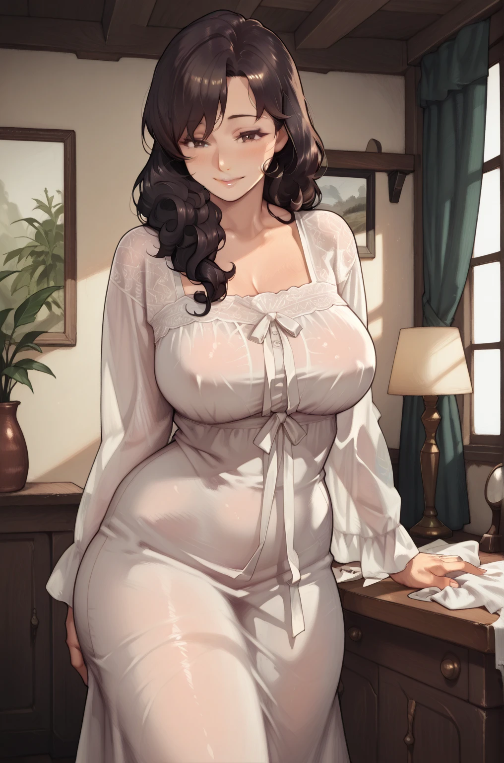 score_9, score_8_up, score_7_up, 1women, mature, brown hair, brown eyes, white fantasy dress