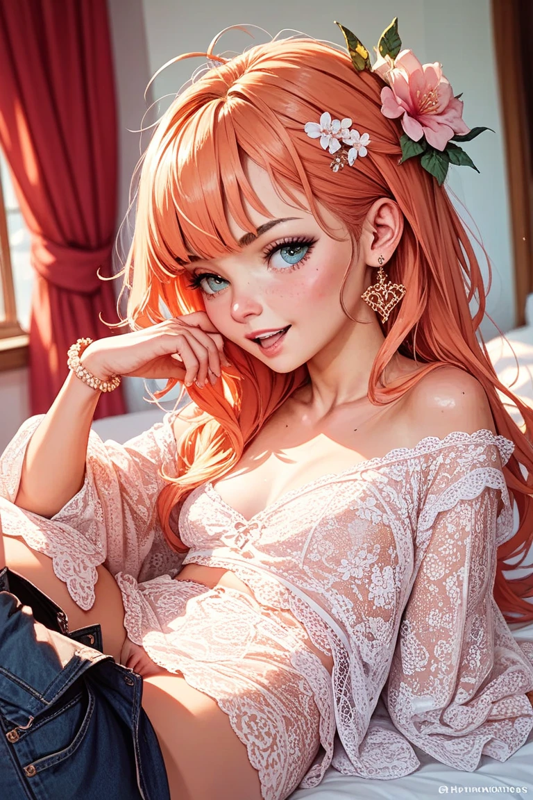 Masterpiece, Top Quality, Anime, Perfect Lighting, Elaborate Eyes, Elaborate Face, Elaborate Background, Good Hands, Full Body, One Girl, (Coral Coast), Coordinated Posture, Detailed Hands, (Skindentation: 1.3), (Realistic Face: 1.2), (8K), (4K), Detailed Eyes, Fantasy, Very Elaborate, Detachable Sleeves, Red Hair, Shorts, Women's Hairstyles, Masterpieces, Top Quality, Anime, Perfect Lighting, Fine Eyes, Detailed Face, Elaborate Background, Nice Hands, One Girl, Bangs, (White Bra, Calluses), (Watching Viewer, Upper Body, Solo Focus, Portrait, Cleavage, Big Breasts, Necklace, Bikini Top, Bikini Bottom), Arm Back, Bottomless, Micro Panties, Topless, Crop Legs