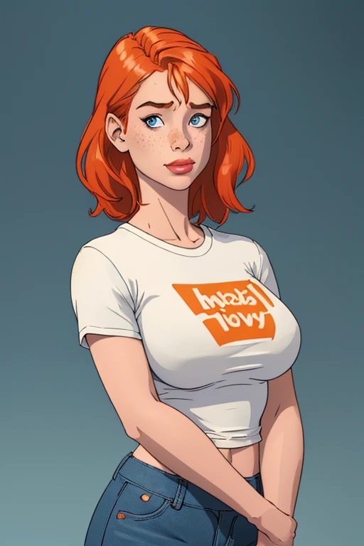 tall woman(Hair=Long, red, loose wave. Eyes= blue; large breasts; pale skin; blushing), Disney-style cgi, casual attire; in a lounge room; dim incandescent lighting; best quality; trending on artstation; complex volumetric lighting; strong shadows; artistic lighting; dynamic; energetic vibe; subsurface scattering; specular highlights; micro-textures; contour drawing; golden ratio composition