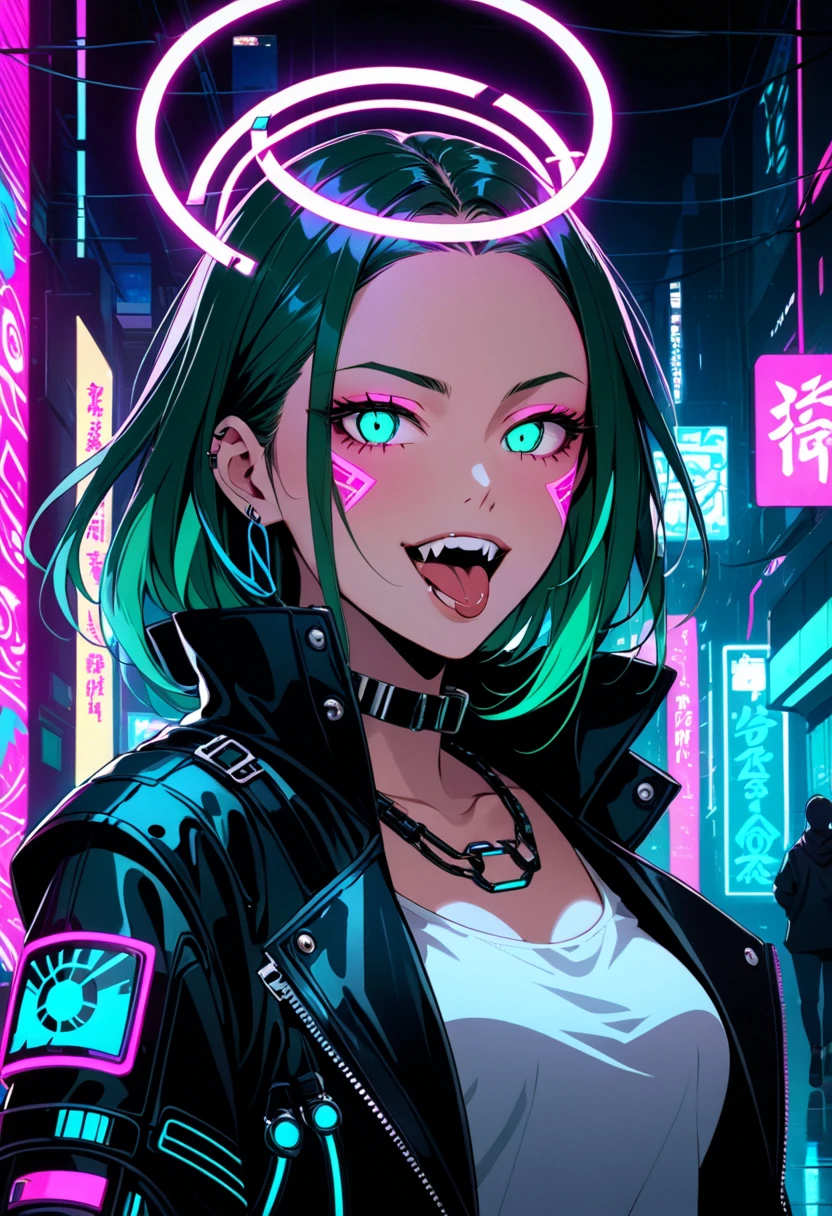 masterpiece, best quality, 1girl, solo, outdoors, cyberpunk, futuristic city, ((neon light:1.3)), professional lighting, colorful, ultra detailed, ribcage, demonic smile, skull, anime style, long black coat, open shirt, fire,