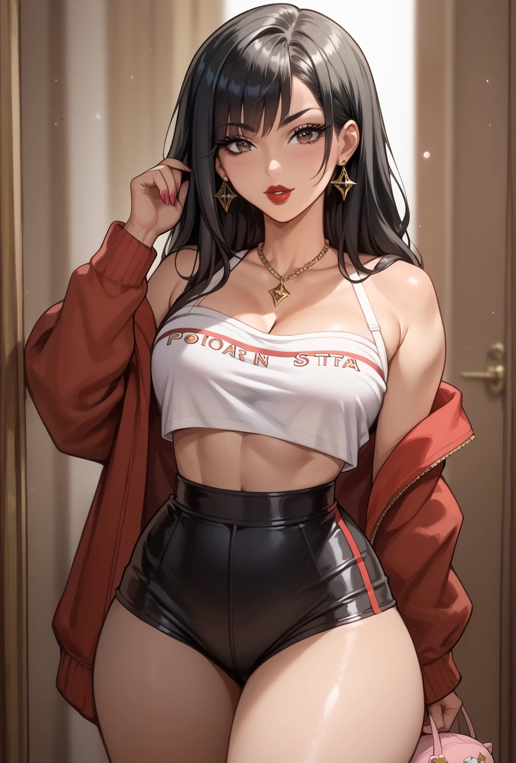 araffe woman in a red jacket and jeans posing for a picture, sexy girl, seductive lady, sexy look, very sexy woman with black hair, anna nikonova aka newmilky, gorgeous woman, demi rose, 18 years old, angelawhite, lorena avarez, cute woman, olga buzova, anastasia ovchinnikova