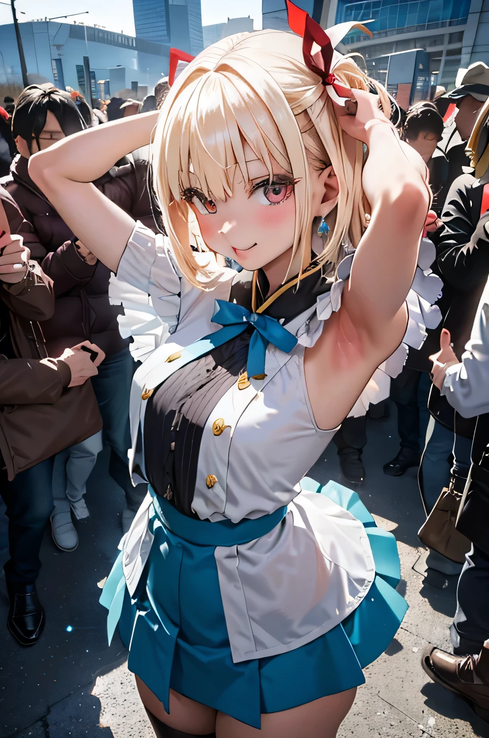 (cowboy shot), (arms up behind:1.2), (from above:1.2),(close up head:1.2),
bewitching pose, heavy breathing, fog, (glistening skin:1.2), (蒸れた脇の下:1.2), 滴る汗,
seductive grin smug, drunken eyes, (blush),
nishikigi chisato, red ribbon,
((最高品質)), ((傑作)),(詳細),高解像度,鋭い焦点,完璧な顔,{best illustration},(complete anatomy),
(((shiny 肌,very shiny 肌,光沢のあるボディ,plastic glitter 肌,exaggerated shiny 肌,illuminated 肌))),
(非常に詳細 CG unity 8k wallpaper),(((鮮やかな色彩))),公式アート,((詳細なボディ)),(詳細な顔)),betterhand,
巨乳,グラマラス,引き締まったウエスト,長い脚,ショートヘア,前髪,金髪,(赤目:1.5),ヘアリボン,ワンサイドアップ,ボブカット,
シャツ,長袖,リボン,白シャツ,襟付きシャツ,ベルト,白い下着,
ネックリボン,赤いドレス,青いリボン,プリーツドレス,グレーのドレス,ツートンドレス,赤いベルト,リコリスユニフォーム,
(comiket_cosplay_Hiroba comiket_cosplay, N4),
Cosplay Square, Summer Blue Sky, (crowd:1.5), Tokyo Big Sight, (many cosplayers show off their various cosplays),