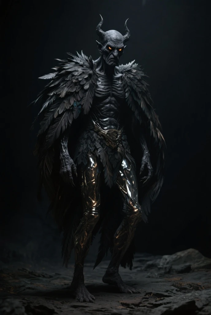 Model: long wavy black hair, full dark lips, Smoky eyes, BREAK, Setting: A room with black light, Broken glass, neon lights, BREAK, bodypaint: Polychromatic geometric patterns, Torso cover, Arms and legs, BREAK, Accessories: chrome chains for the body, Silver Choker, black feathered wings, BREAK, the pose: crouching, The head is tilted upwards, Looking ahead with a gaze.
