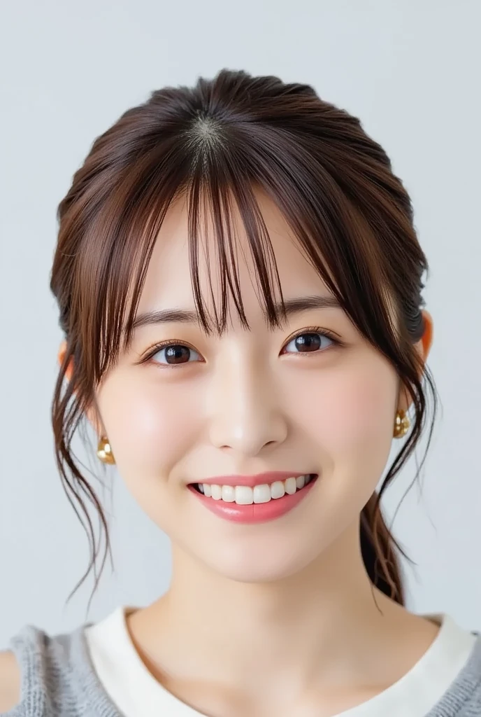 highest quality, whole body, masterpiece, dark eyebrows, ultra high resolution, realistic, very detailed, professional lighting smile, eagle nose, black hair、dark eyeliner、ear piercing、necklace around neck、shy smile、white teeth、mouth is open、hairstyle shortcut