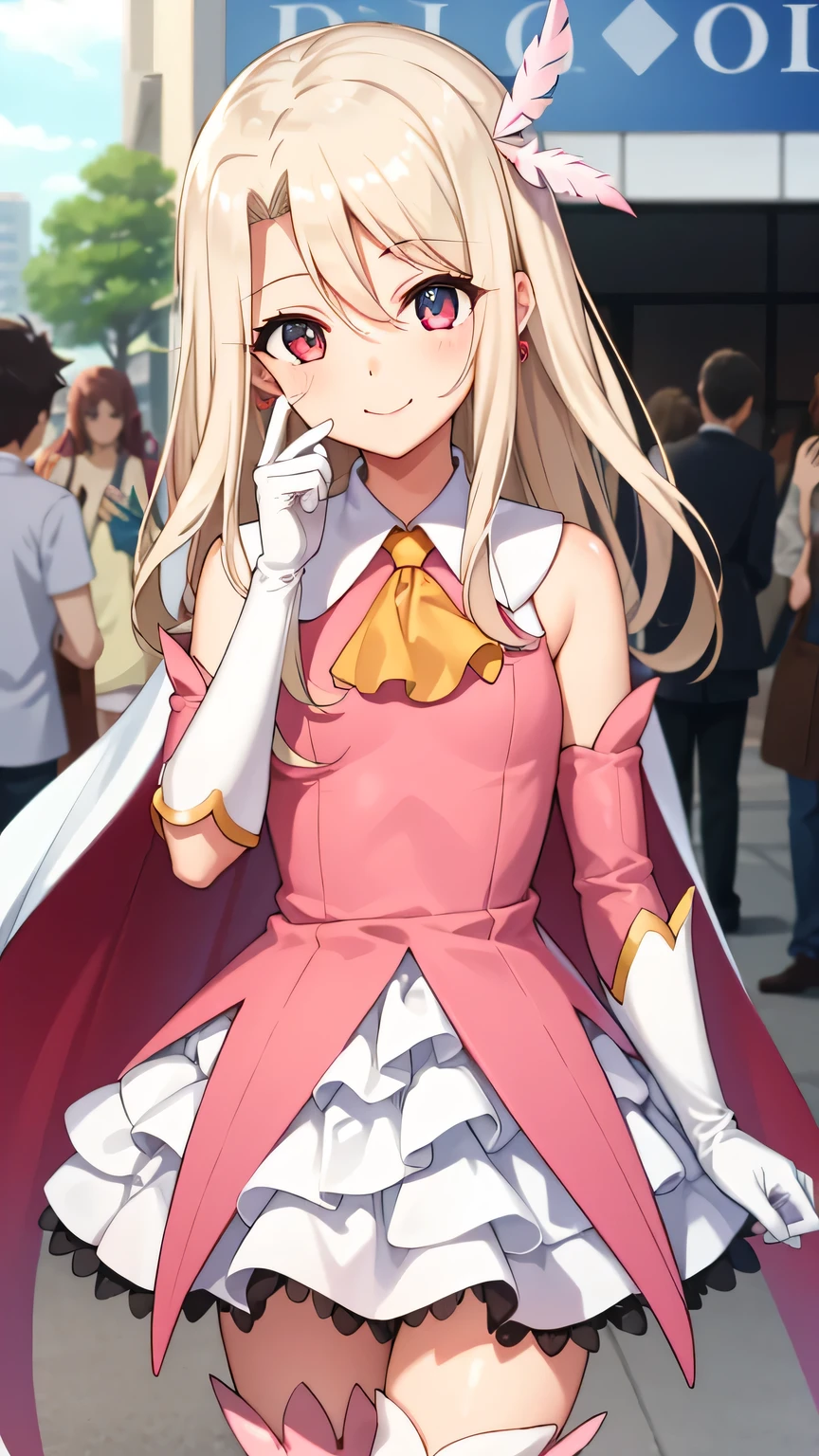 {{{masterpiece}}}, (best quality:1.5), (ultra-detailed:1.5), {illustration}, {{an extremely delicate and beautiful}}, (beautiful detailed eyes:1.6), absurdres, highres, extremely detailed face, 16k, hd, visual anime de uma jovem mulher, extremamente bonito rosto de anime, anime melhor garota, (perfect hands, perfect anatomy), anime face, Illyasviel von Einzbern(Fate/Kaleid Liner Prisma Illya), illyasvielvoneinzbern, illyasviel von einzbern, 1girl, solo, cute face, long hair, blonde hair, (parted bangs:1.5), hair between eyes, sidelocks, hair ornament, (feather hair ornament:1.2), (red eyes:1.2), earrings, short of a person, medium breasts, thin waist, big hips, curvaceous, BREAK, magical girl, white gloves, dress, (pink dress:1.4), cape, white cape, jewelry, detached sleeves, yellow ascot, pink arm cover, white elbow gloves, (white skirt:1.2), ruffle skirt, red petticoat, (pink thigh boots:1.3), thighs, zettai ryouiki, BREAK, cosplay, smiling, upturned eyes, flushed cheeks, (cute gestures:1.2), outdoor, comiket venue, event venue, daytime, crowd
