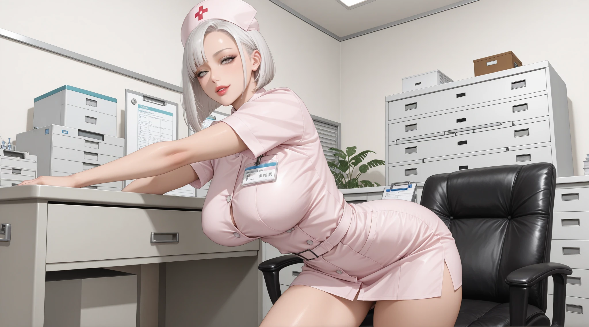 hospital, latex nurse suit,nurse,busty,gloves,labcoat,silver hair woman, black eyes , gigantic boobs ,medical instruments,asian nurse,two nurses,speculum,examination room,oversize boobs,mask ,big ass ,strap on