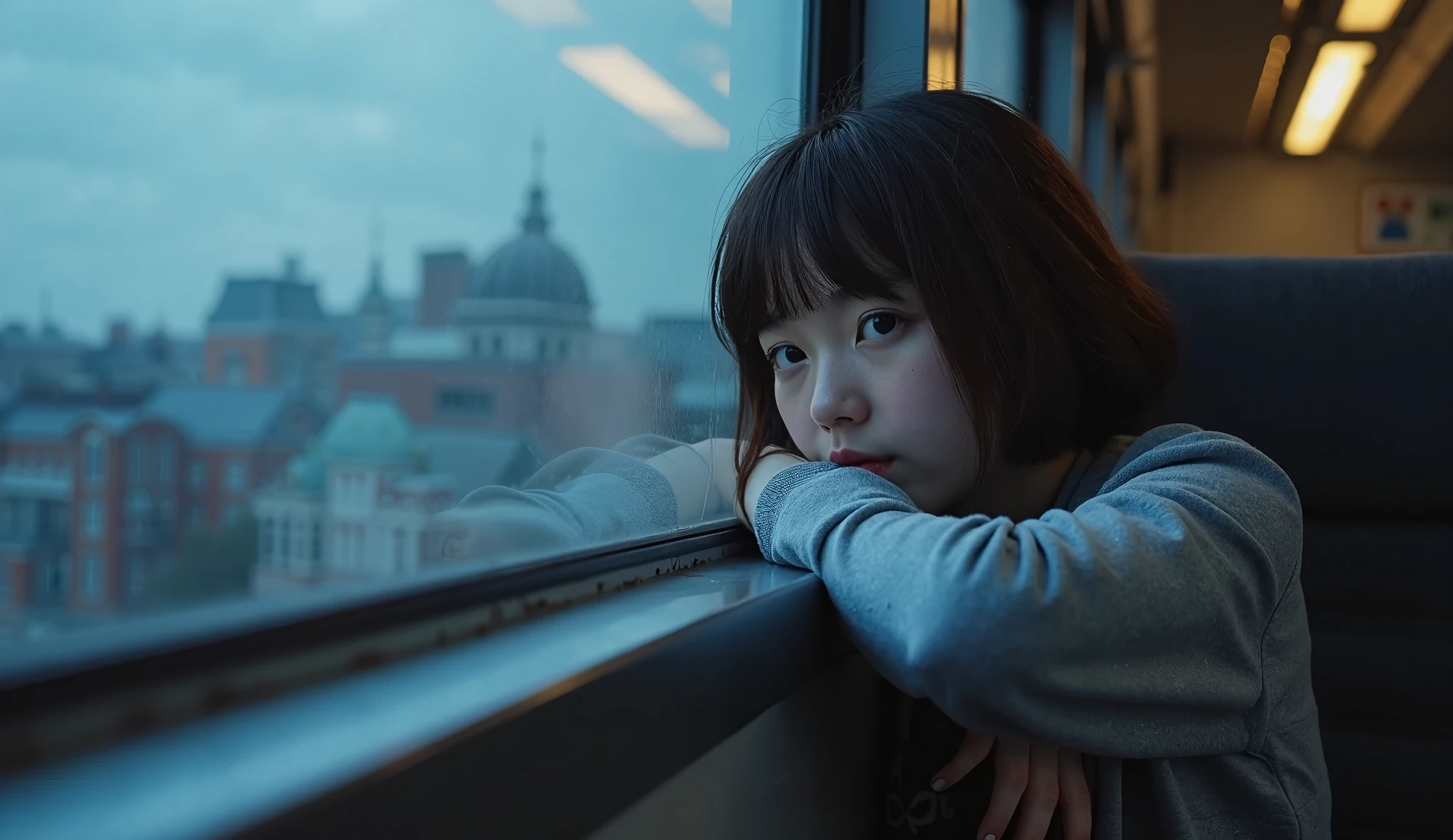A girl and a boy are on a train after escaping from a terrifying reality. It&#39;s midnight. The girl is half asleep while the boy looks out the window as they arrive at a new city, happy because they can finally live happily. 
