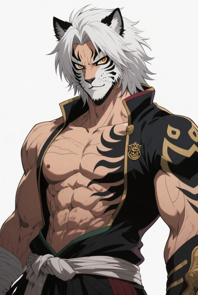 gray hair, gray long hair, ((yellow eyes)), eye patch, (((muscular))), (big breasts), happy, (tanned skin), (((black clothes))), sexy, Ghislaine Dedoldia of Mushoku Tensei, fur-trimmed jacket, green pants, open fly, open belt, bikini top only, red choker, cat ears