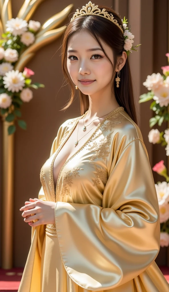 portrait of a very busty beautiful Korean German girl, wearing ultra detailed embroidery luxury golden bikini dress, tulle skirt, perfect face,perfect eyes,HD details,high details,sharp focus,studio photo,HD makeup,shimmery makeup,celebrity makeup, (( centered image)) (hd render)Studio portrait,magic, magical, fantasy, splash playing lots amount of golden leaves background,flying flower petals, beautiful fantastic flower field, fantasy theme, flower, butterfly, flying colorful, wind, wind blowing hair, butterflies, Grass, golden effect, gold theme, ,EpicArt,Nature (looking straight at the viewer:1.5), blue sky, cloud, (leaning_foraward:1.5), (showing her attractive cleavage:1.5), (seductive emotion:1.5),(((Gray background)))、(Red lipstick)、Model walking、Walking、((Thighs))、Looking from below、