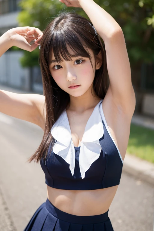 (masutepiece, Best Quality:1.2), 8K, Official art, Raw photo, unbelievable Ridiculous, (Upper body, (tight Sailor Uniform swimsuit race), serafuku, standing:1.4), Beautiful Girl, Idol face, arching back down, large full breasts, thighs thighs thighs thighs, Stockings、 close up, (School uniform), Short sleeve, gardenia, violaceaess, classroom school, Looking at Viewer, No makeup, Film grain, chromatic abberation, Sharp Focus, face lights, Dynamic lighting, Cinematic lighting, Detailed face, Bokeh background, (Dark red bow tie:1.3)