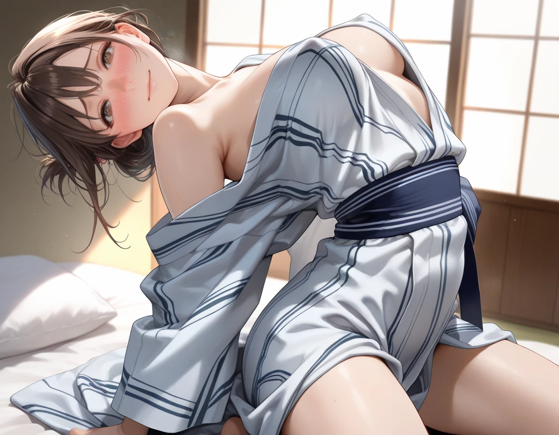 1girl,solo,Create a romantic and intimate scene between a 30-year-old Japanese woman named Sakura and a man named Yuya. Sakura is a and slender woman with shoulder-length black hair, large gentle eyes, and delicate features. She is wearing a soft, pastel-colored kimono, and the setting is a traditional Japanese inn (ryokan) in Yufuin, with soft moonlight filtering through the shoji screens.
In this scene, the two characters are deeply connected emotionally, and their feelings for each other have grown over the course of Yuya’s stay. They share a tender moment as they sit together on the tatami floor, and the atmosphere is filled with warmth and affection.
As they lean in closer, Yuya gently takes Sakura’s hand, and she responds with a soft smile, her eyes reflecting a mixture of anticipation and affection. They share a quiet, loving kiss, and the scene unfolds with subtle, sensual touches. Sakura’s kimono slips off her shoulder as Yuya tenderly caresses her, and they slowly and lovingly undress each other. The moment is filled with deep emotion and passion, capturing the delicate balance of desire and affection between them.
The lighting remains soft and warm, emphasizing the intimacy of the scene without being overly explicit. Focus on the emotional connection, the tenderness in their gestures, and the mutual respect and love they share.
This prompt is designed to create a scene that captures the intimacy and emotional depth between Sakura and Yuya, emphasizing their connection and the tenderness of the moment.