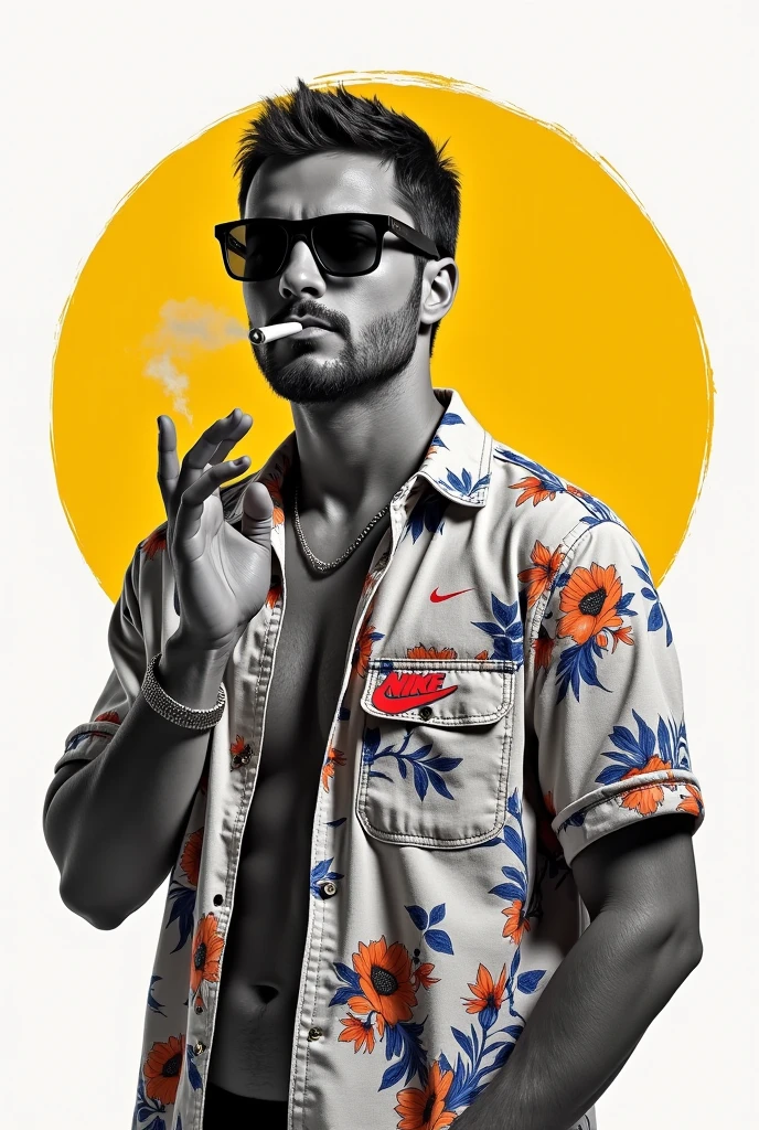 La imagen es un retrato estilizado en blanco and negro de una persona con gafas de sol grandes and reflectantes, fumando un cigarrillo dhe que sale humo. Lleva una camisa abierta con un estampado vibrante and colorido de motivos florales and tropicales en tonos rosas, azules and morados.
La persona también luce un rheoj de pulsera dorado grande and varios anillos en sus dedos. El fondo presenta un círculo amarillo brillante que contrasta con la figura en blanco and negro, creating a striking visual effect. El estilo general es moderno and con un toque de arte pop.
El fondo es abstracto and dinámico, con trazos de pintura and heementos gráficos muestra he conocido eslogan de Nike, "Just do It.", arranged in three lines. the words "Just" and "It." are written in large gray letters dark with a grainy texture or mottled. The word "do" es también de un tamaño similar and con la misma textura, pero en su interior se encuentra he logo de Nike, he " Swoosh ", in red color, superpuesto a la leandenda "Nike Air " written in red letters with a white outline. The background of the image is white.