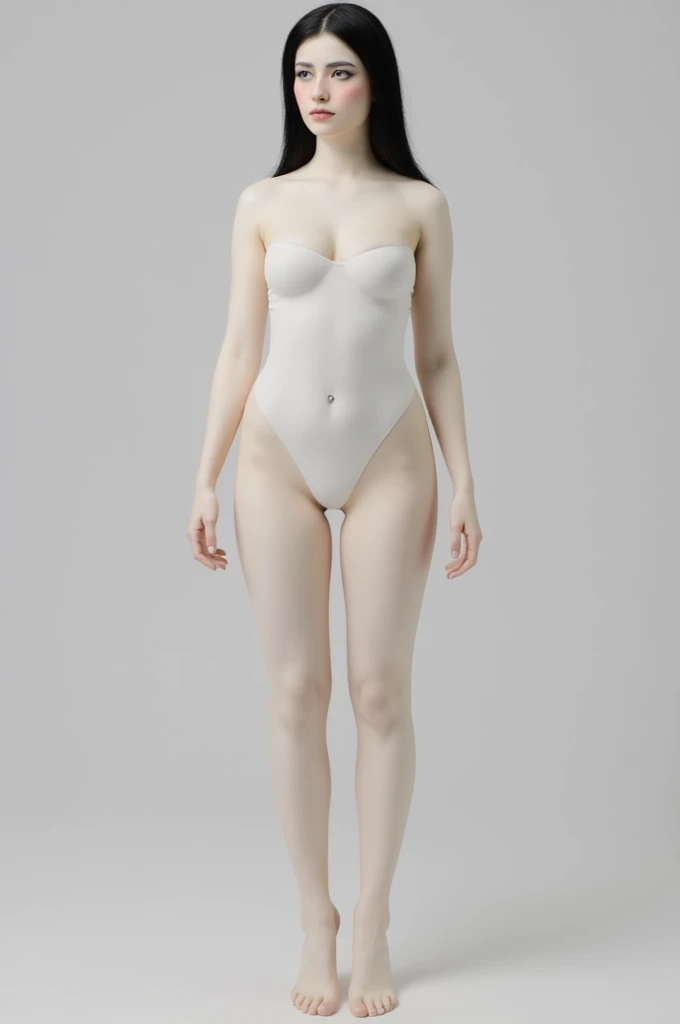 A  female android with a short bob and a baby face.、Wearing a white high leg leotard protector、Full body image、Charge by inserting the connector into the charging port on the back、Back view、