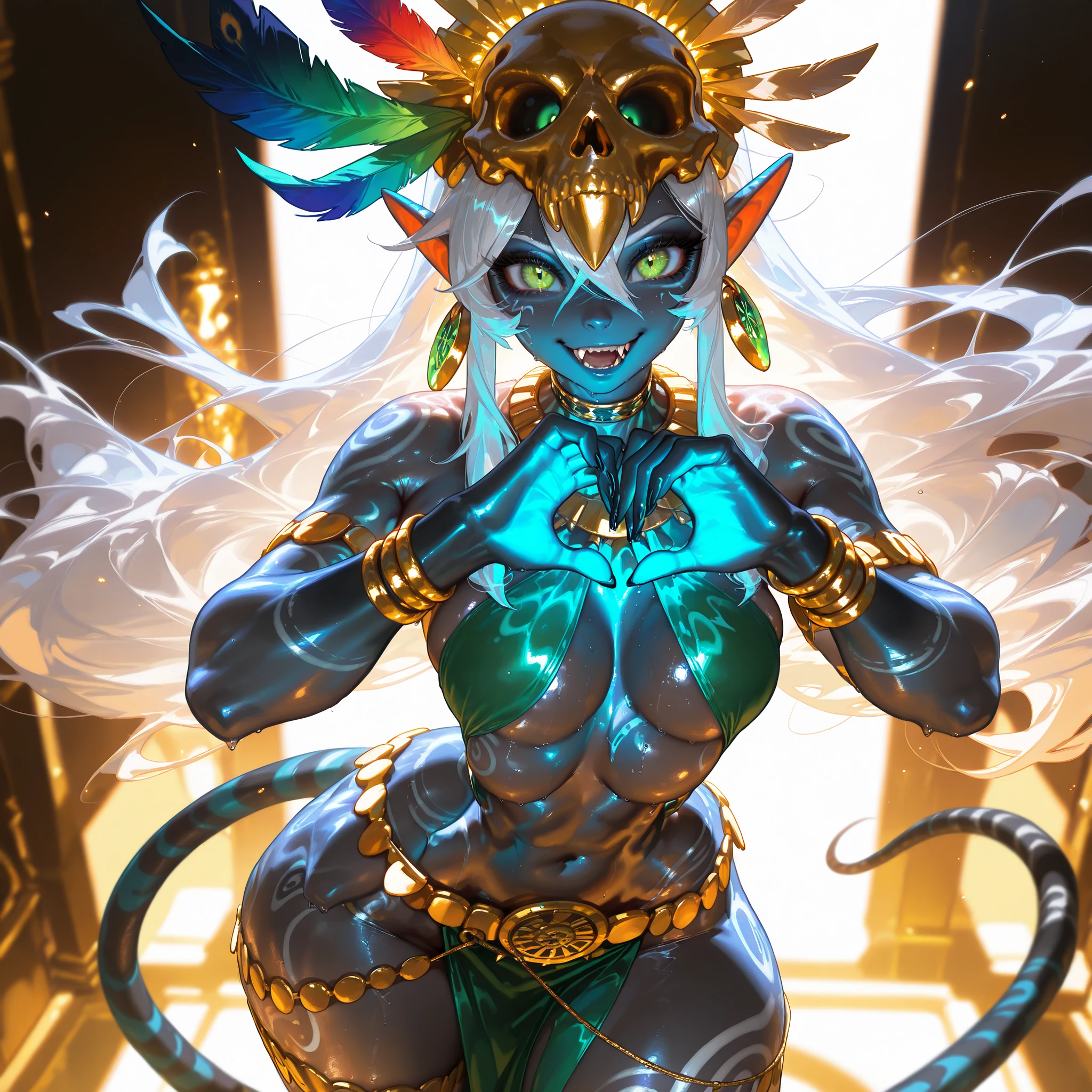 (masterpiece, best quality:1.2), beautiful eyes, cowboy shot, 
Twinrova,  fire hair, ice hair, twintails, long hair, yellow eyes,  green skin, 
bare thighs, china dress, pelvic curtain, side slit, cleavage cutout, sleeveless, print dress, covered navel, no panties, leaning forward, hand on own thigh, 
smug, smile, looking at viewer,