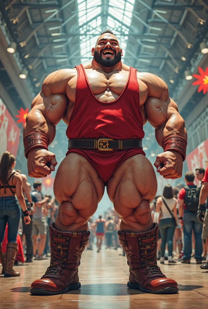 zangief,a man with a beard and a golden belt, fighting game character, street fighter 5,muscled humanoid,heavy looking,buff man,wrestler,Red short briefs,capcom,street fighter,shirtless,muscular male,chest hair,visually weighty,bearded man,mohawk hair,no wristband,Red Wrestling Boots,best quality
