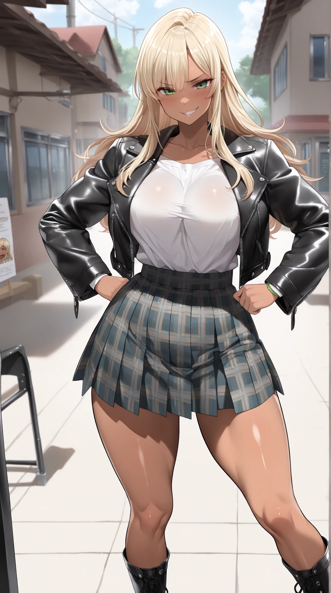 masterpiece, best quality, 1girl, solo, breasts, cleavage, blonde hair, long hair, parted bangs, blue eyes, looking at viewer, sweat, large breasts, (dark skin:1.3), white collared shirt, pleated skirt, flashy gyaru, happy, showy,too many accessories, colorful , kogal, kogal gyaru, necklace, earrings, bracelet, bra peak, leopard print, makeup, school, (skirt lift pov), (from below:1.4), (lifted by self), (panties)
