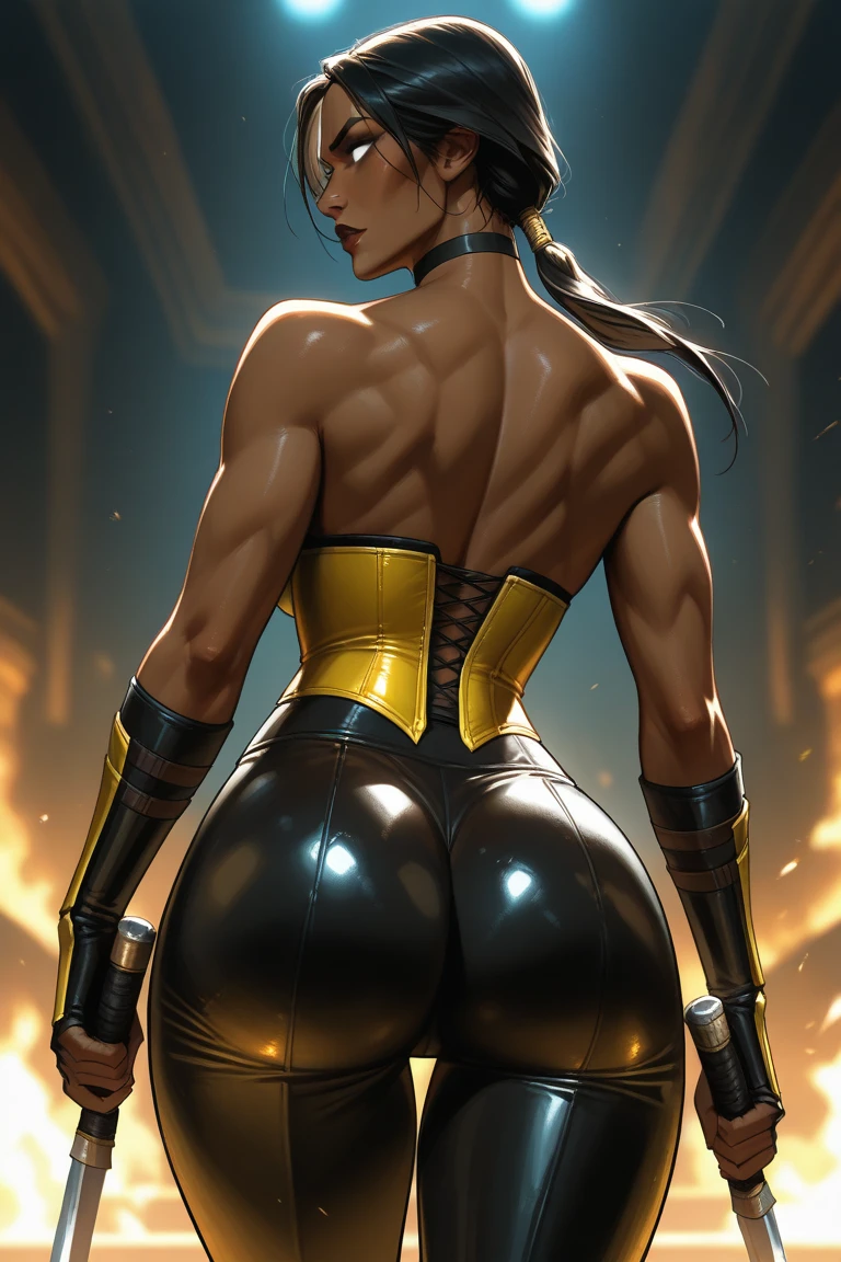Masterpiece, Best quality,Watching from behind,Back view,《Fearless viper》, 比基尼, mitts, belt, thigh boots, respirator, view the viewer, face, Portrait, Close-up, Glowing eyes, green smoke, Black background,huge tit,Raised chest,Bare-bodied,Buttocks close up,angry look,Devil figure,Docking screen,Muscle woman,Abs,Spread your legs and squat,Look at a woman's ass from below