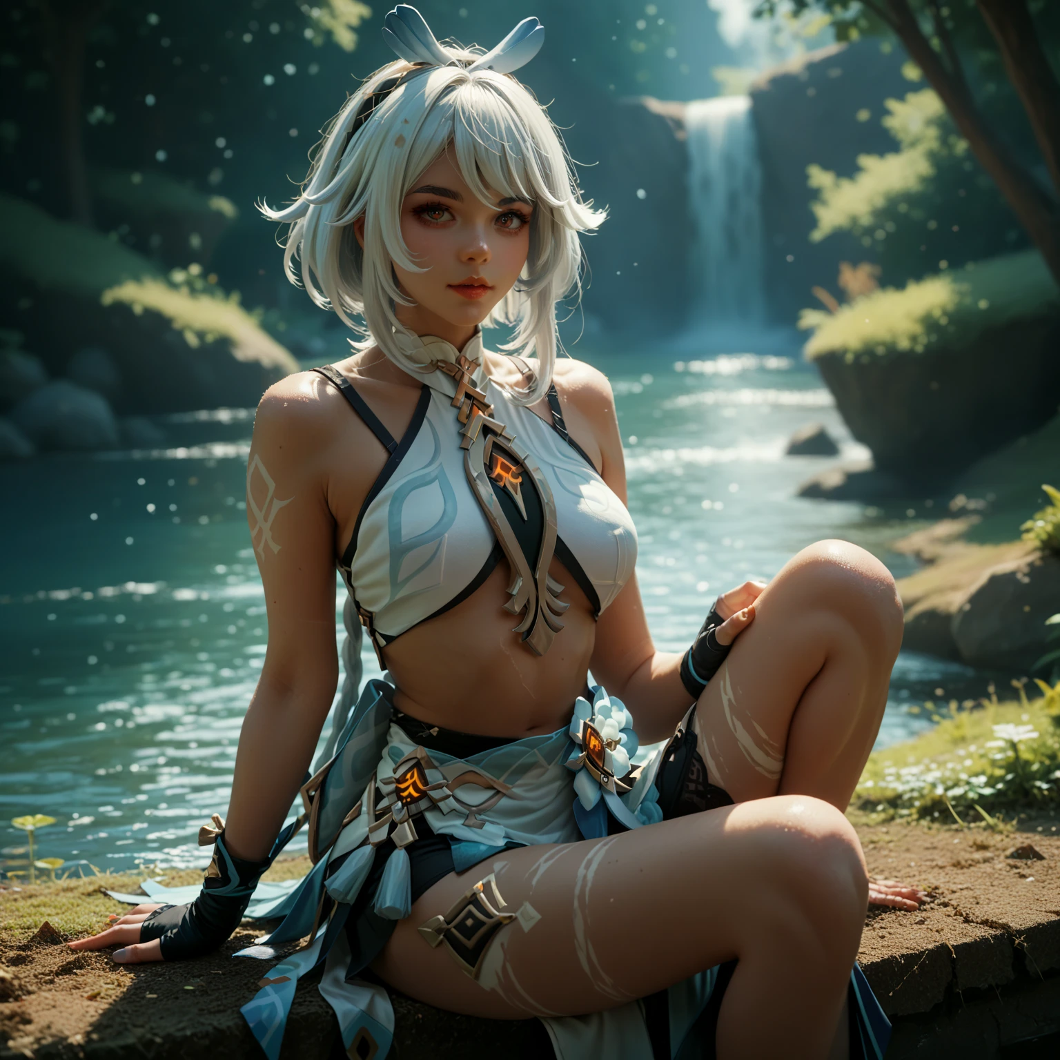 "( roupa rasgada:1.1, cord on the wrist, ultra detalhado, studio lighting, super realista, ambiente florestal perto do lago:1.2, Akuma, jogos de disputa:0.8, rocha quebrada no soco, olhando para camera, Fighter pose with arms crossed, 3D, ultra realista )" --auto --s2