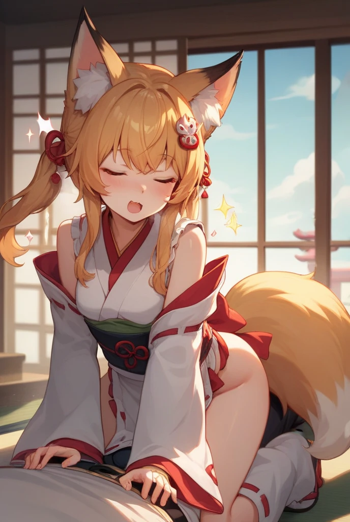 <lora:gbfVajra:0.7> vajradef, dog tail, black pantyhose, hair ornament, japanese clothes, bare shoulders, detached sleeves, wide sleeves, white pelvic curtain, indoors, all fours, night, smile, masterpiece, best quality, highres, <lora:GoodHands-vanilla:1> nice hands, perfect hands