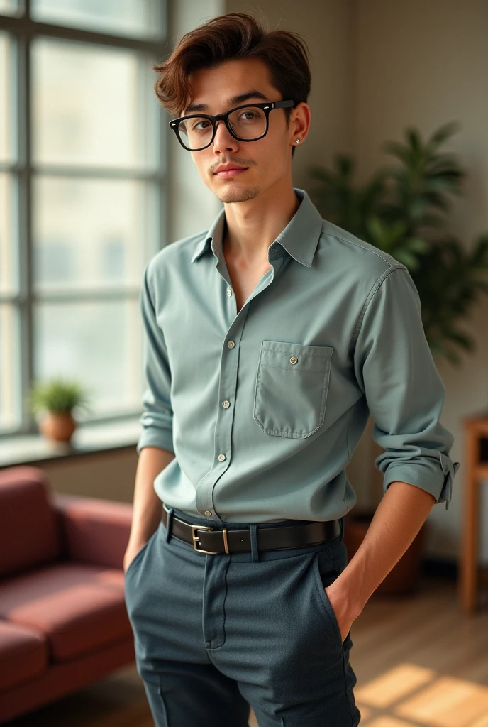 Anime Style of the image friendly and beautiful-looking male character is wearing a casual with specs.Sitting behind his laptop in his studio, arms on his desk. It is Day . The room is minimalistic. Front facing to the camera, looking straight and centered, central portrait, sitting straight, front view, centered looking straight. The overall ambiance of the image should convey a connection to minimalism, flat illustration, bold line, minimalism, simplified, gouache illustration. 8k resolution, background contains book racks with windows in character background.