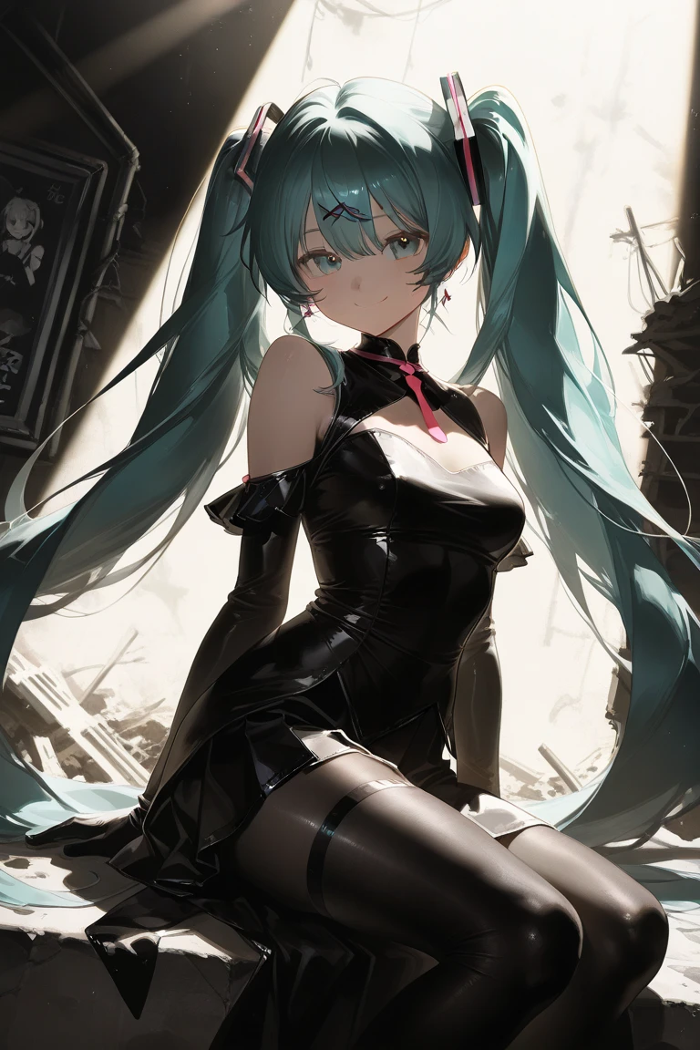 Black shorts、miku hatsune、from the rear、horor、in isekai、Underworld、Goth Punk、Longhaire、Twin-tailed、dishevled hair、long、Blunt bangs、Ahegao ( Silly / Sexual ecstasy)、dead body、Blood everywhere、blood splashing、dark hue、Red hue、maid、Green hair、