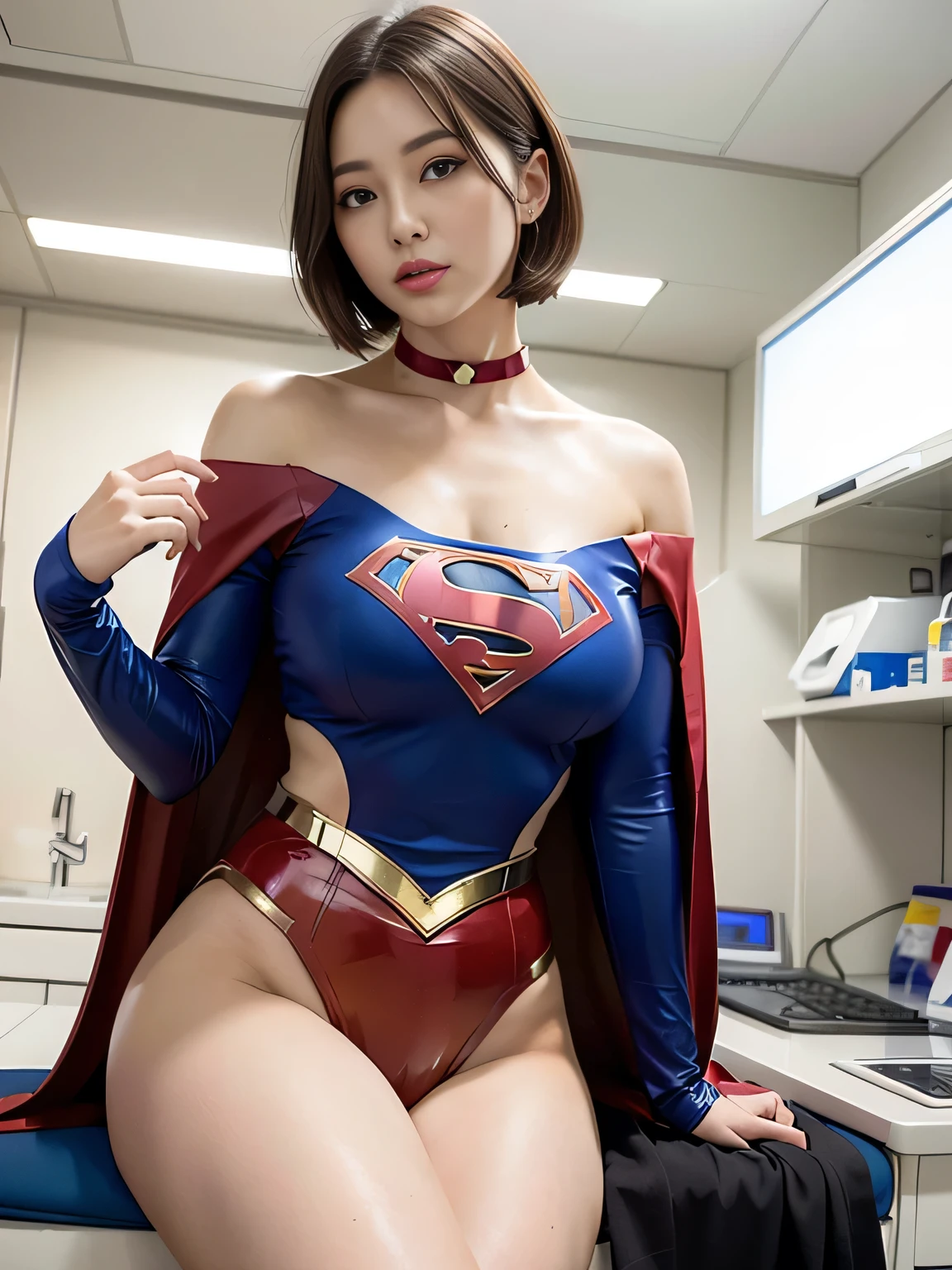 masterpiece,Supergirl Costume, short-hair, bare-legged, large full breasts,surgery room、Operating table、straddle、depraved、shiny、Looking at the camera、Provocation、estrus、Cowgirl、Trance、Fayue、enjoyment、The sheen、shine、suave、pleasure
