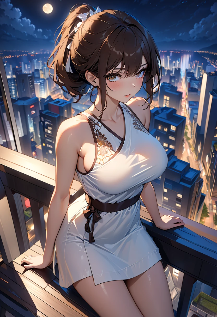 1girl, looking at viewer, standing elegantly, white camisole, transparent camisole, thigh-skimming, siluette of body line, over fit, overfit clothing,inner wear, innerwear, light smile, big breasts, light brown hair, long hair, bangs, (masterpiece best quality:1.2) delicate illustration ultra-detailed, BREAK (luxurious venue) indoor, at room, skyline, riverside view, night, detailed background,