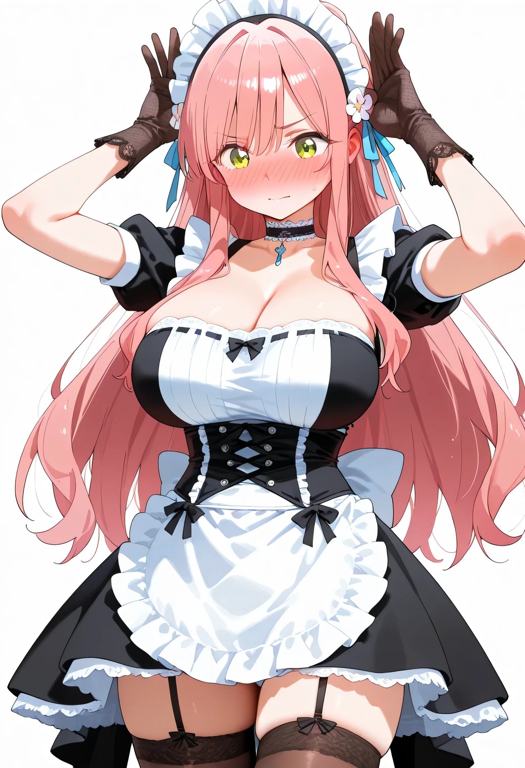 (masterpiece) ,best quality,amazing quality,very aesthetic,absurdres,newest, Hahari Hanazono (The 100 Girlfriends Who Really, Really, Really, Really, Really Love You),,black thigh-highs,, 1girl, long hair, bangs, green eyes, pink hair, flower, hair flower,,cowboy shot, NOSE BLUSH, wearing a detailed and elegant black and white French maid outfit with a frilly apron, low-cut corset top, and lace gloves., with a shy or neutral expression. Hair adorned with floral accessories and ribbons, wearing a decorative choker. COWBOY SHOT, nice legs, soft white background . High-resolution anime-style illustration, clean lines, smooth shading, and rich fabric details.
, white background, dynamic pose,, opaque clothes