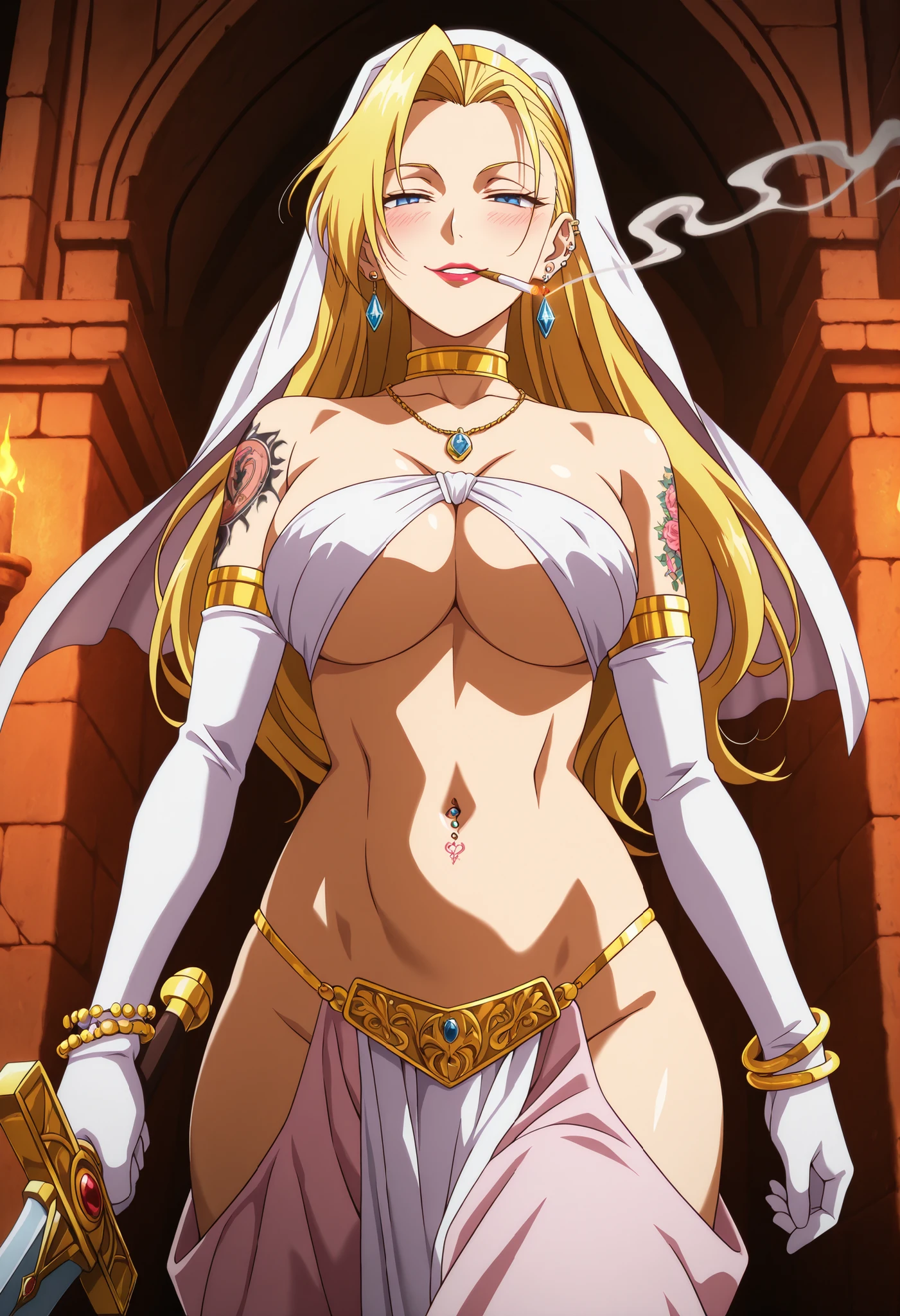 masterpiece,best quality,absurdres,newest,eda,1girl,solo,blue eyes,,blonde hair,long hair,, ,midriff,navel,bracelet,tattoo,jewelry, , ear piercing, long hair, blush, lipstick,Hot girl, baddie, smoking, sensual, attractive ,,,neck ring, harem pants, elbow gloves, midriff, earrings, hip vent, baggy pants,, castle,inside castle, masterpiece, best quality, highly detailed ,gold_choker, complex detailed background, inside, holding a sword, sword,harem_outfit,navel, necklace, pelvic_curtain,revealing_clothes, veil, masterpiece,best quality,mature,evil smile ,necklace,pendant, (nsfw) not safe for work, exposed belly, exposed navel, midriff, exposed lower belly, ,cleavage, navel piercing,, tattoo on waist, narrowed eyes, tattoo on waist, medium large breast,anipai_style , anime screencap , anime coloring ,,