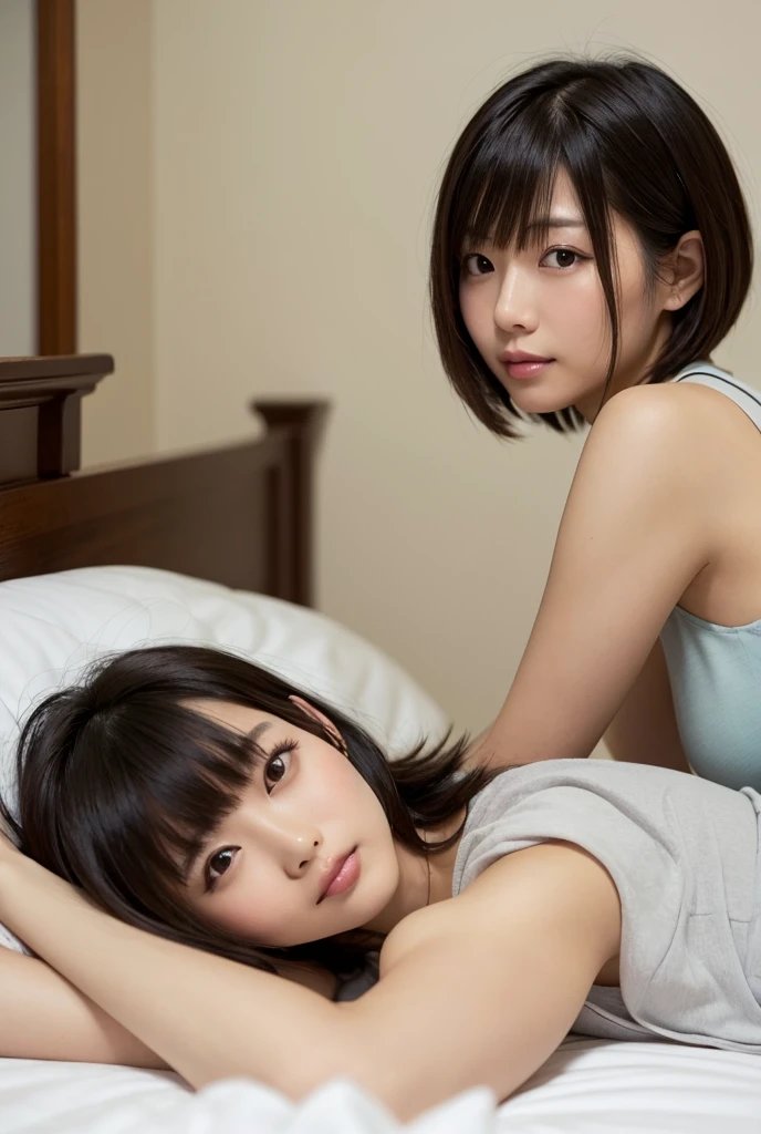 ((top-quality、8k、​masterpiece:1.3))、foco nítido:1.2、Beautiful identical twin sisters with perfect bodies:1.4、slim abdomen:1.2、((Layered Haircut、:2.0))、no-bra、Wearing a white cardigan with oversized shoulders on bare skin、neck visible、鎖骨、valley、Highly detailed facial and skin texture、 A detailed eye、二重まぶた、skin tanned、sexy for、sun burned body、exposed shoulder、胸のvalleyを強調、The background is a lace curtain fluttering in the wind、Light shower、lying、closed eyes,sleeping,profile,arm behind head