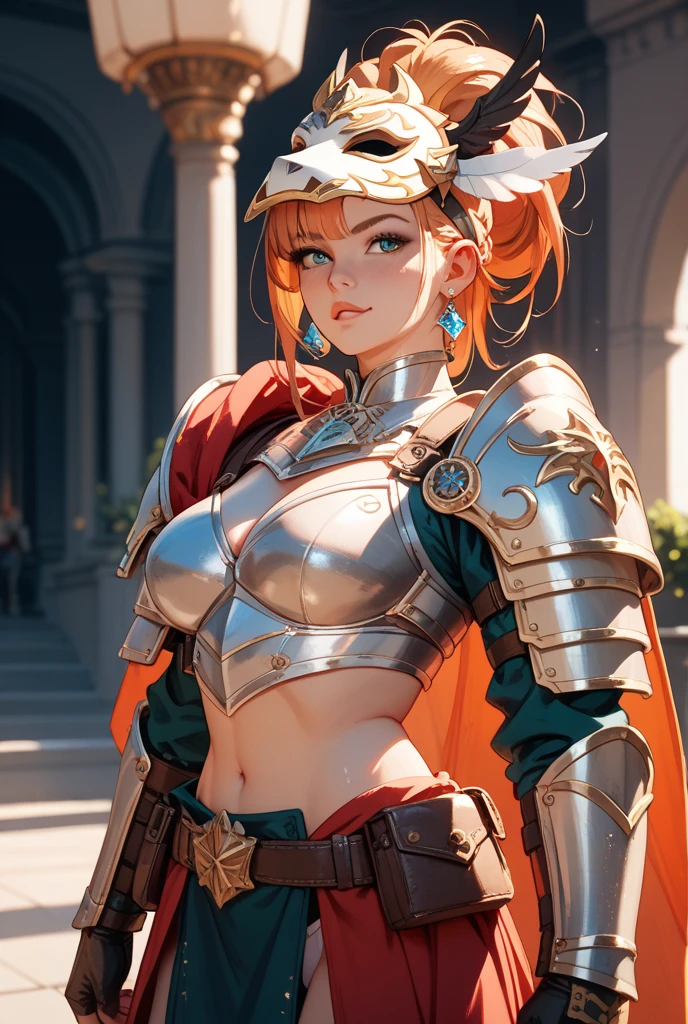 A tall busty woman wearing gleaming plate armor. Her skin is fair and unblemished, except for a few small scars. She has fiery red hair, cropped short in a practical style, and piercing blue eyes filled with wisdom and determination. The armor covers every inch of her body, leaving only her hands and face exposed, and is adorned with intricate etchings and filigree. On her chest, the symbol of Torm - a hammer surrounded by a circle - is prominently displayed. She moves with surprising agility and precision, radiating strength and grace;masterpiece; intrinsic details; 8k; UHD