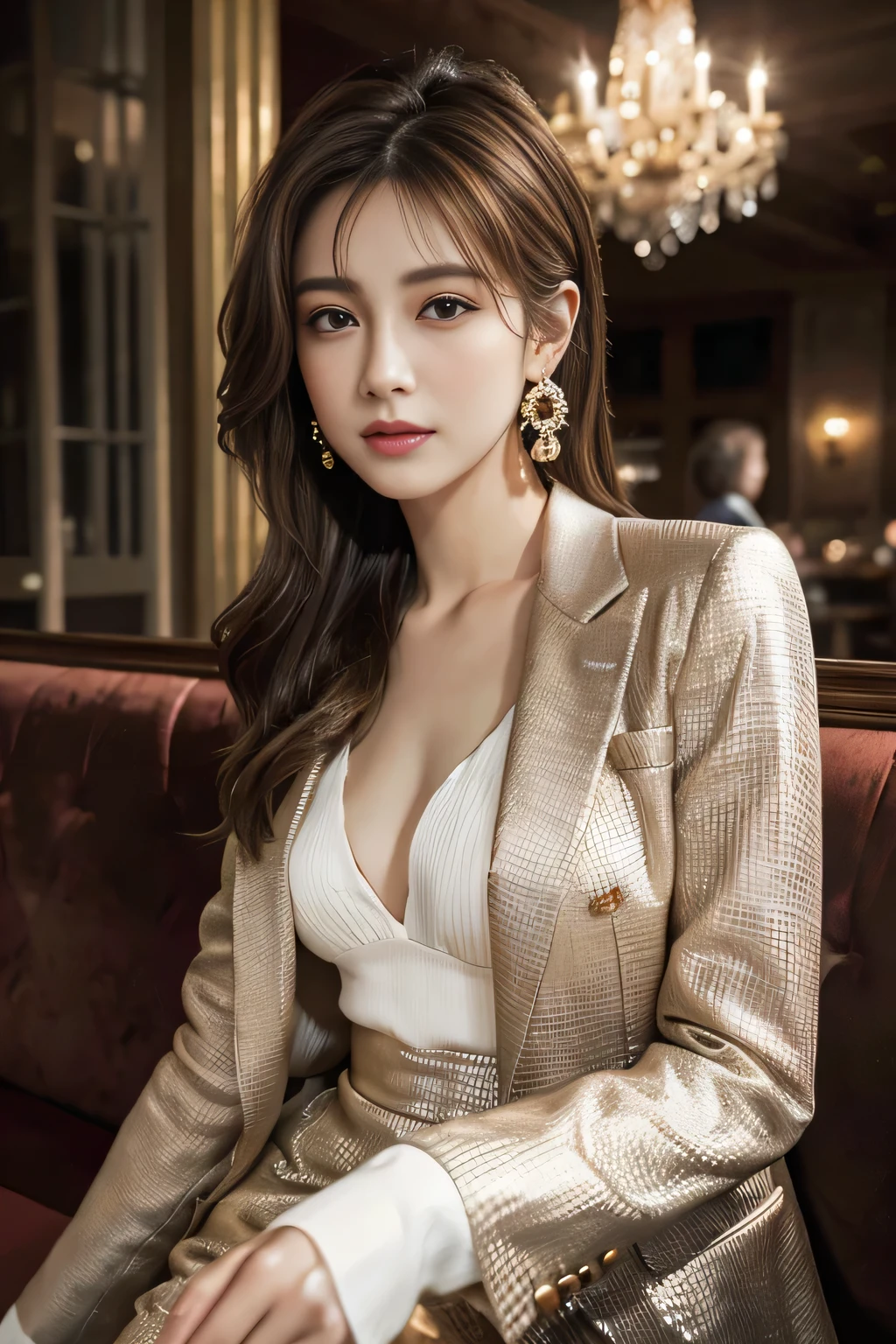 masterpiece, Highest quality, Realistic, Very detailed, Finer details, High resolution, 8k wallpaper, One beautiful woman, Wear a nice suit, In a great restaurant, At night, Light brown messy hair, Perfect dynamic composition, Beautiful and beautiful eyes、Big earrings、Sit on a chair、