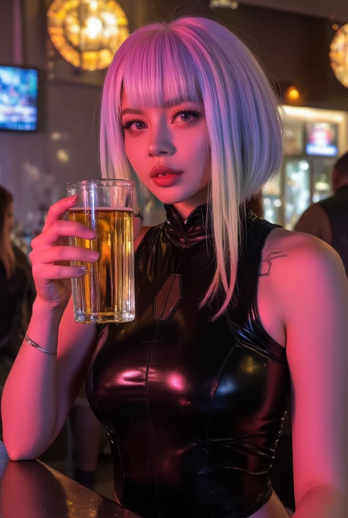 Top quality, 8K, Realistic, raw photo, Young cute, sexy girl drinking and laughing with big mouth open in a nightclub full of young female customers, dressed like a revealing punk rocker, wearing a silver leather jacket, tattoos on neck and shoulders, big, lots of high-end looking liquor bottles of various brands on the shelves
