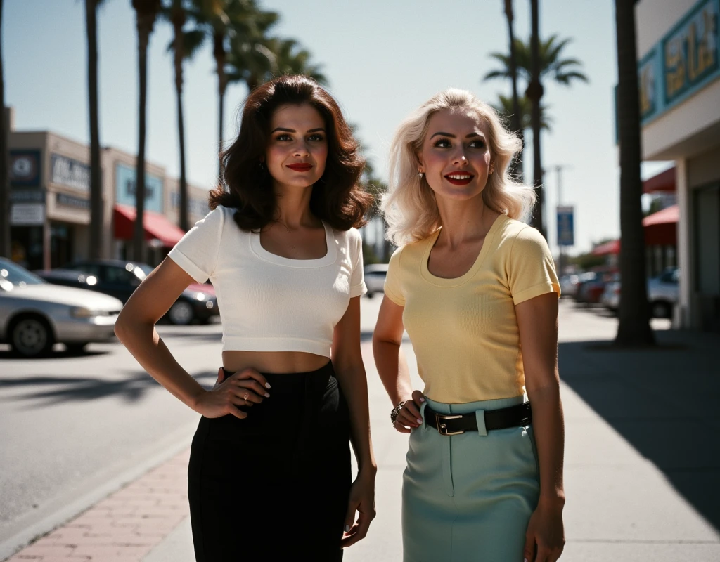 razor sharp focus, intricate detail, two sexy beautiful women playing golf, large tits, cleavage, short skirts, smiling, close up, at a golf course, 1950s vacation, 1950s hairstyle and clothes, brown and blonde hair (cinematic lighting:1.1), golf cart in the background, photographed on a Fujifilm X-H2S, 90mm F/8 Macro Lens, with expired Kodak VISION3 500T color negative film, 8k, (full body:1.0)