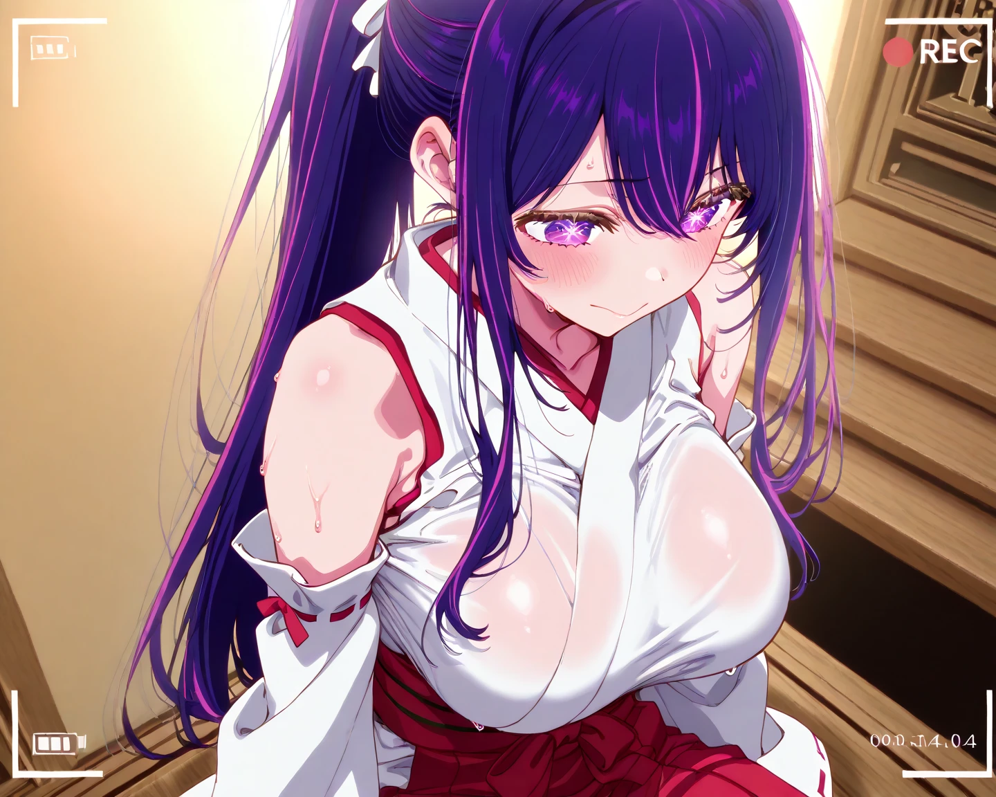 1girl, black hair, blush, frange émoussée, beautiful detailed red eyes, beautiful detailed lips, extremely detailed face, long eyelashes, (best quality,4k,8k) loose hair, light smile, big big big big  , very blush, arched back, nude body, nipples detailled, in front in camera