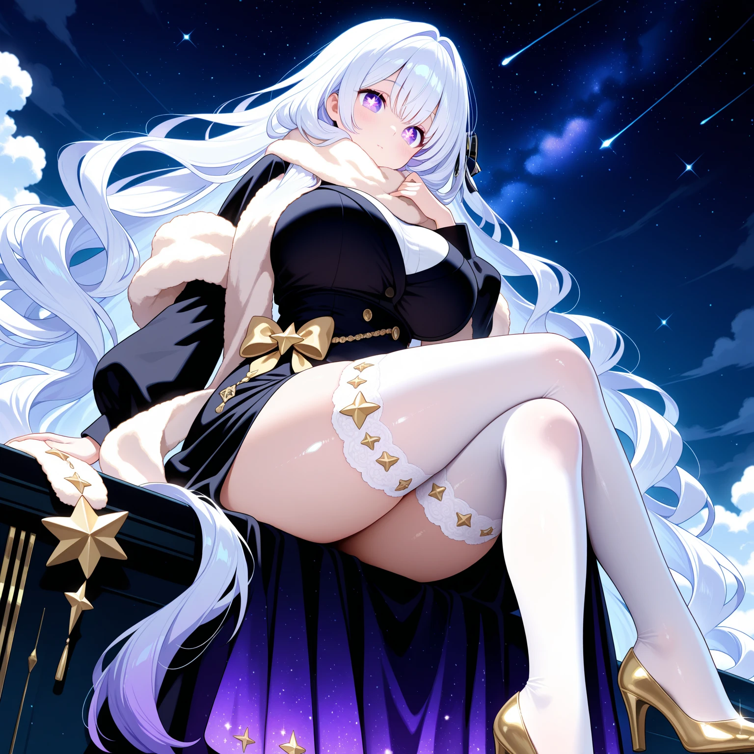 best quality,Masterpiece artwork,Final resolution,Fluffy,extremely colorful,colorfully,senora,a mature woman,An extremely normal and beautifully portrayed face,Black dress long dress,beautiful dress,huge tit,(Ultrashort pink and white hair,a good),(blackstockings,Stiletto heel sandals),just two pes,Pink starry sky,Normal posture,Normal posture