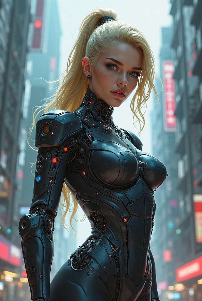 Rachel Brosnahan,blonde hair,My hair is very long.,wear a dress ((She's wearing a cowboy outfit.)) Hi-tech equipment, cyberpunk,she wears a collar,((cybernetic body)),In the future world,amazing night,sci fi,city at night, realistic skin, incredible light, ultra realistic,complicated, Sharp focus, Ray Tracing, rtx, Professional photography, Masterpiece, very detailed, High quality, best quality, big breasts,She breast size is M cup, full body, she very sexy, she have perfect body, she so beautifully,She have good eyes,She is full of charm,close up,Heavy rain