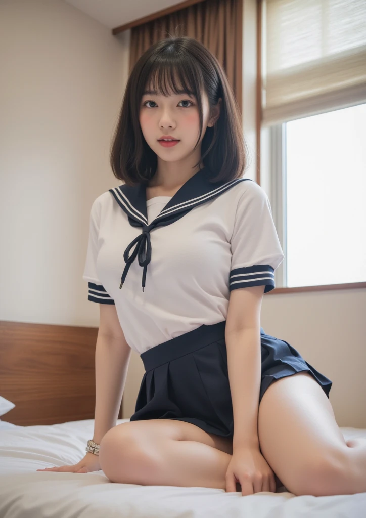 (Super reality:1.2), (digital art, digital illustration, 4k, 8k, Super detailed, beautiful images, clear image, (realistic), (RAW photo:1.3), perfect face, perfect lines, perfect eyes, Accurate body shape, dark lighting) , 1 Japanese cute girl after school, solo, school uniform, (sailor suit, serafuku:1.3), (short cut hair style:1.3), Beautiful face, amateur girl, sexy gyaru:1.3, ((showing panties)), so japanese young Idol, full chest, slim body style, (Inside the hotel, American size bed room, Antique furniture), Precise arms, precise hands and fingers, Beautiful hands and fingers, small smile, Beautiful thighs, (cowgirl position, open legs, on bed), from back side